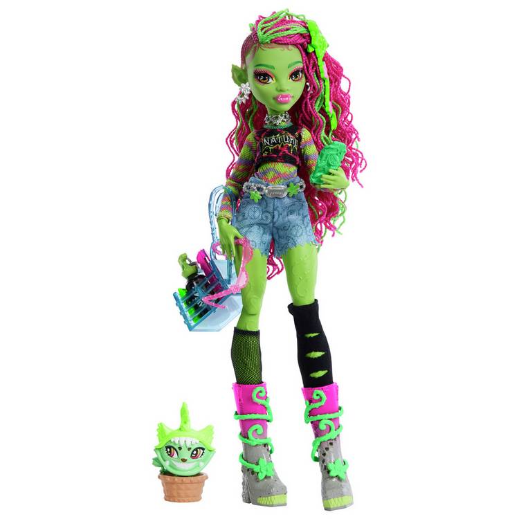 Monster High Venus McFlytrap doll with pet cat and accessories, UK version