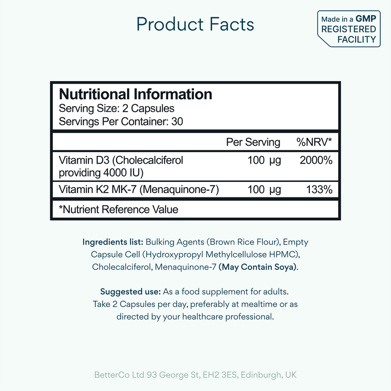 Bettervits Vitamin D3 K2 60 capsules (British brand)