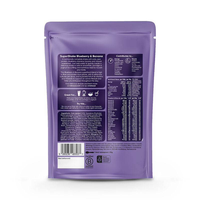 Naturya SuperShake Blueberry Banana 275g, imported from the UK