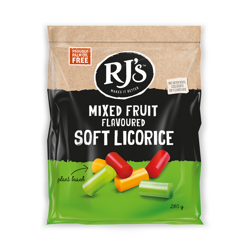 RJs Mixed Fruit Soft Licorice 280g, imported from the UK