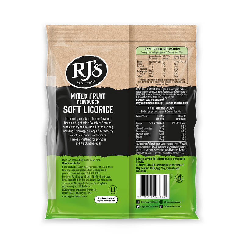 RJs Mixed Fruit Soft Licorice 280g, imported from the UK