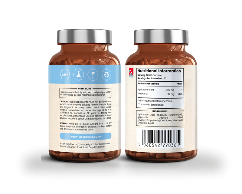 VitaBright hyaluronic acid supplement with vitamin C 60 capsules (British brand)