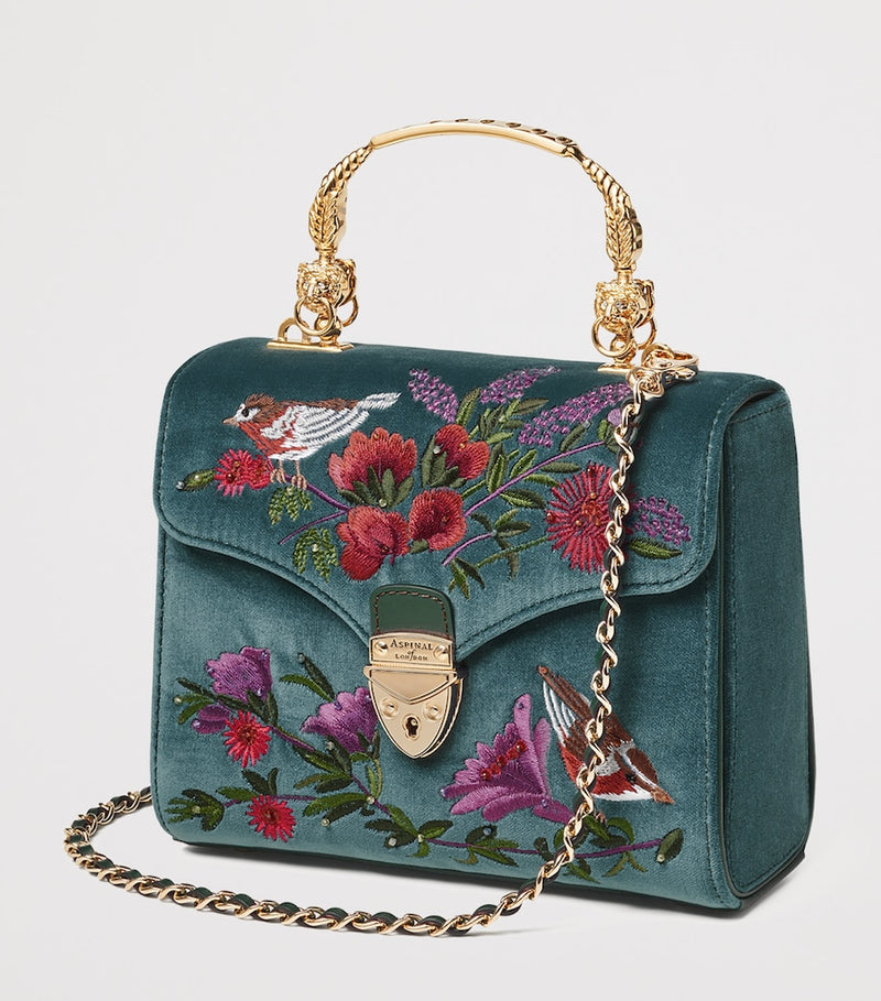 Aspinal of London Mayfair bag in velvet with floral embroidery (British brand)