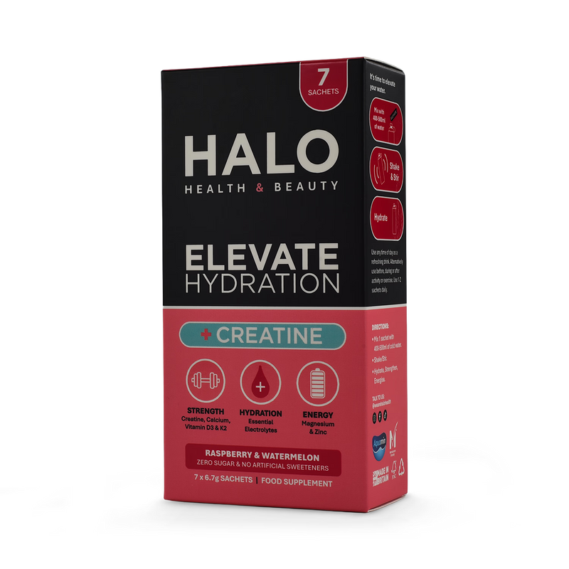 Halo Elevate Hydration Raspberry & Watermelon sachets, imported from the UK