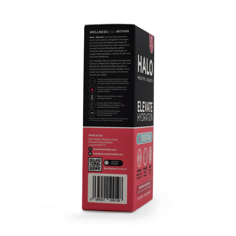 Halo Elevate Hydration Raspberry & Watermelon sachets, imported from the UK