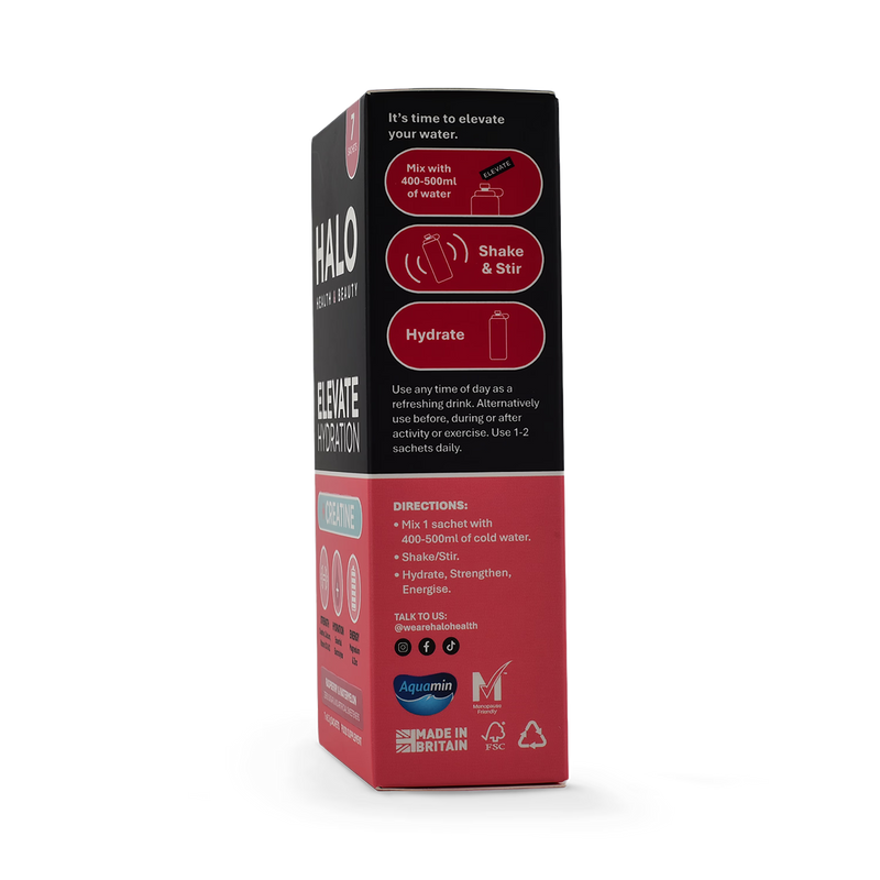 Halo Elevate Hydration Raspberry & Watermelon sachets, imported from the UK