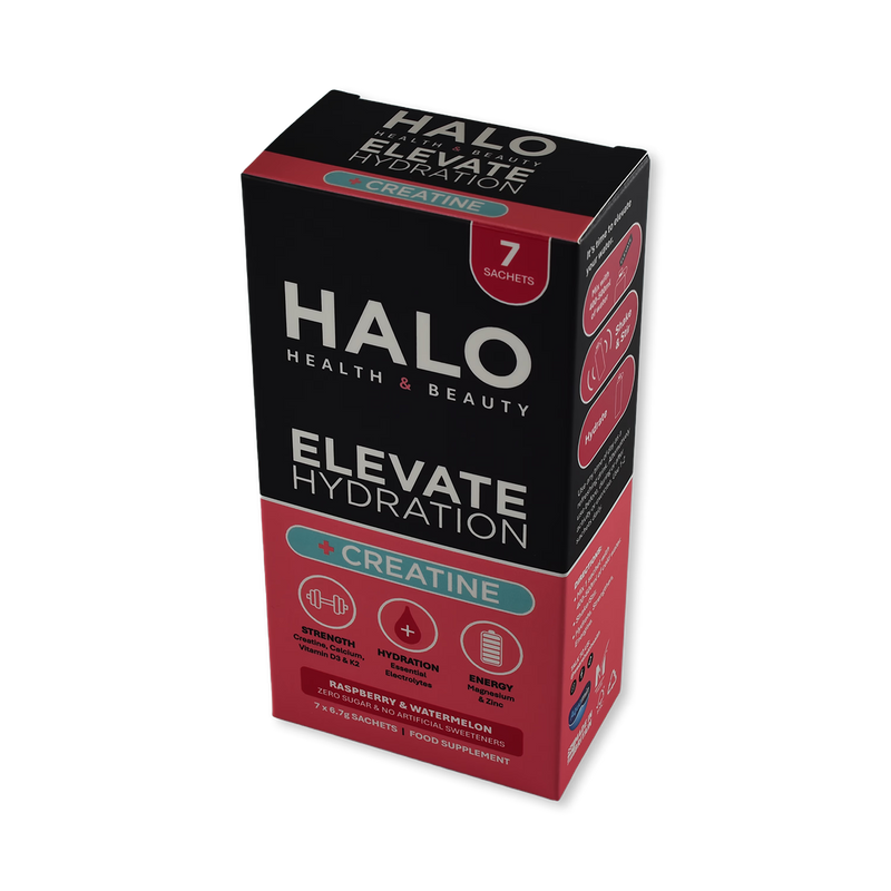Halo Elevate Hydration Raspberry & Watermelon sachets, imported from the UK