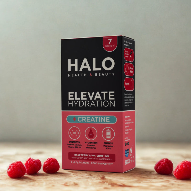 Halo Elevate Hydration Raspberry & Watermelon sachets, imported from the UK