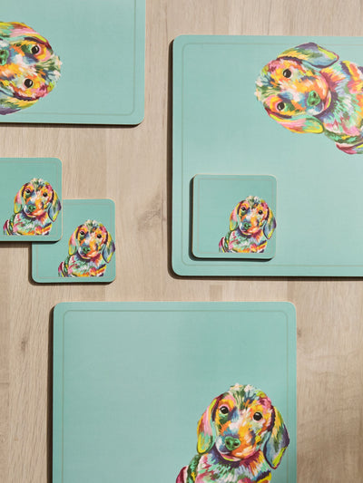 Next Set of 4 Teal Blue Sausage Dog Corkback Placemats and Coasters- Buy online at McGrocer
