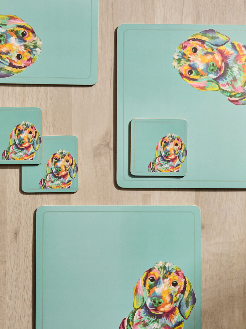 Teal blue sausage dog corkback placemats and coasters set of 4 (British brand)