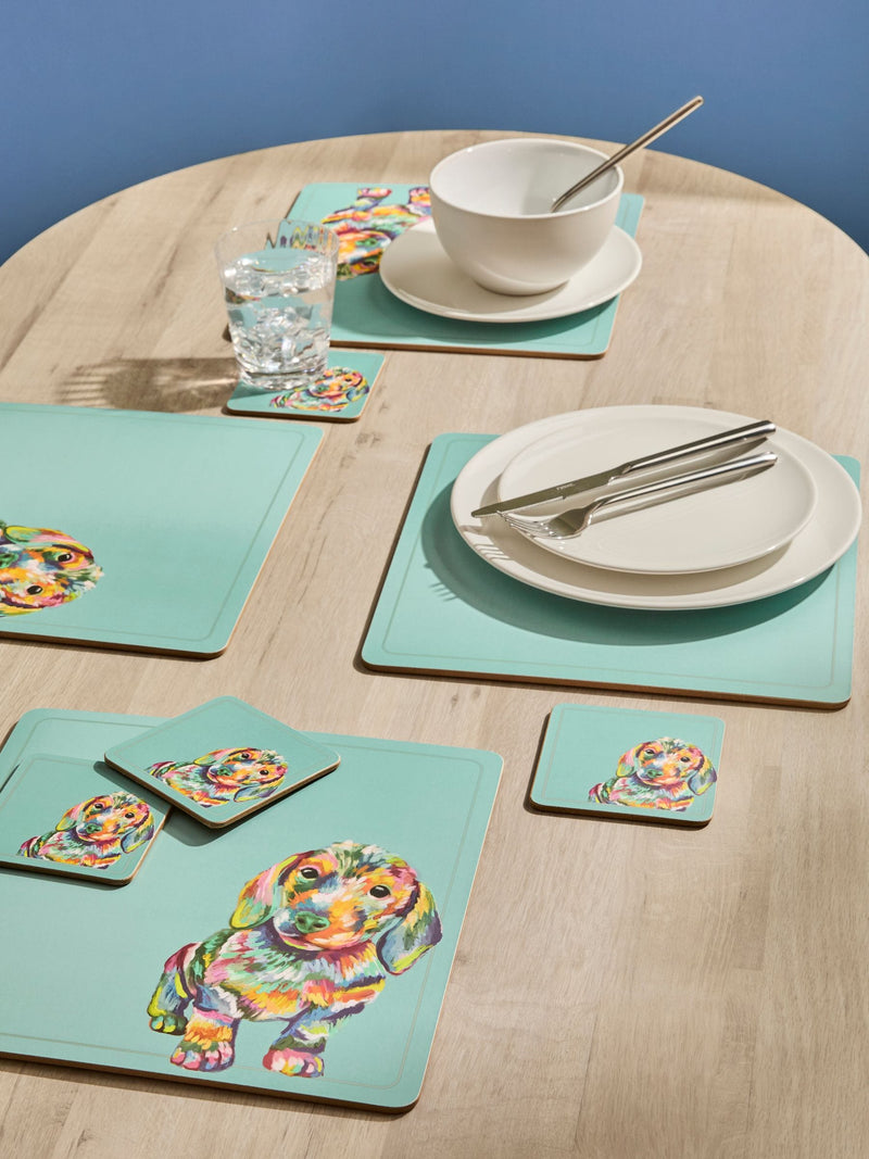 Teal blue sausage dog corkback placemats and coasters set of 4 (British brand)
