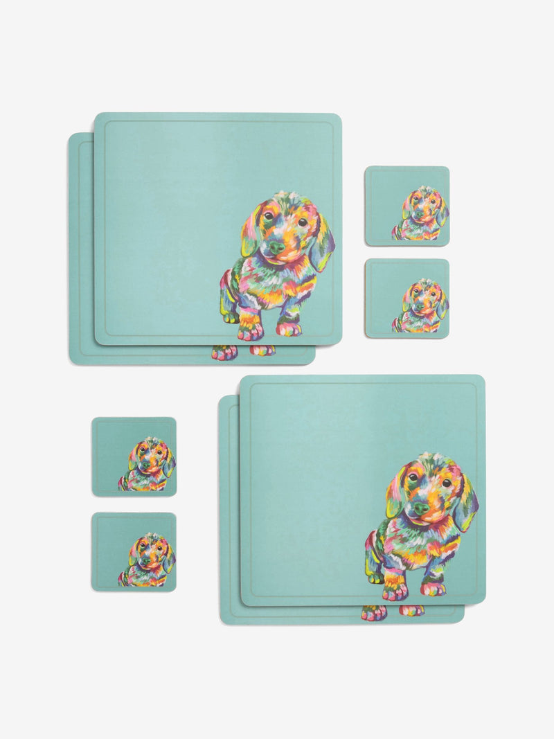 Teal blue sausage dog corkback placemats and coasters set of 4 (British brand)