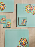 Teal blue sausage dog corkback placemats and coasters set of 4 (British brand)