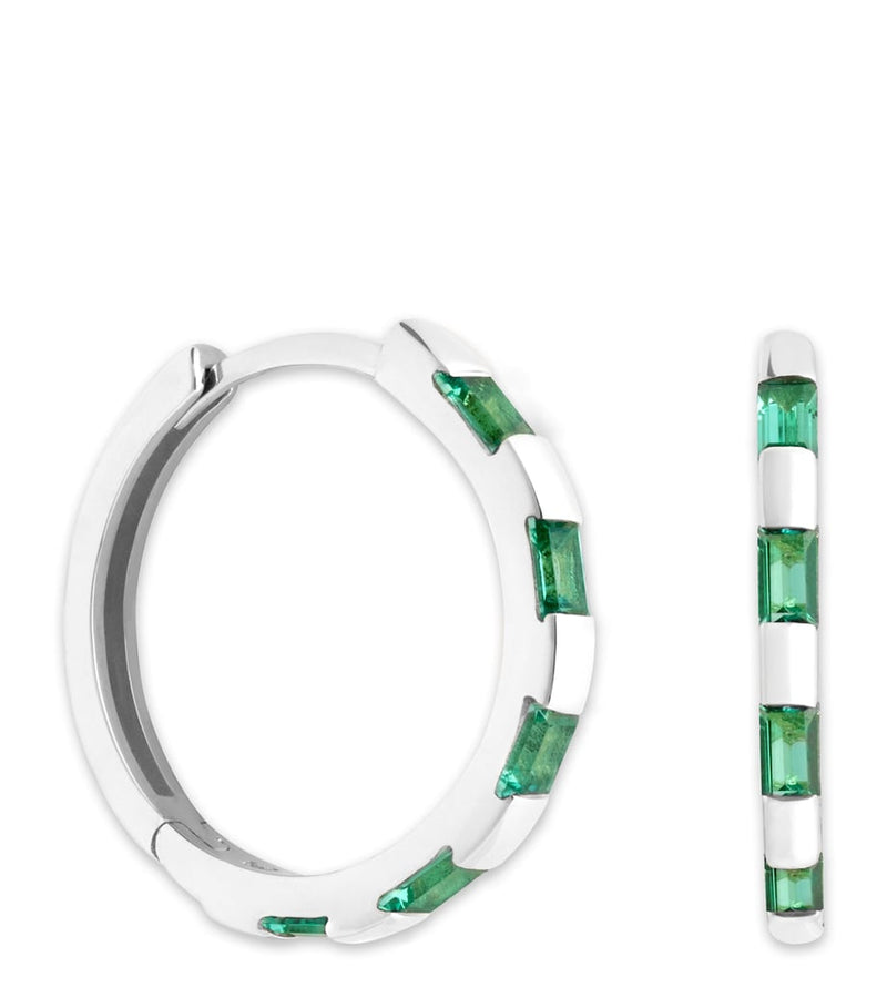 Astrid & Miyu white gold and emerald baguette hoop earrings, imported from the UK