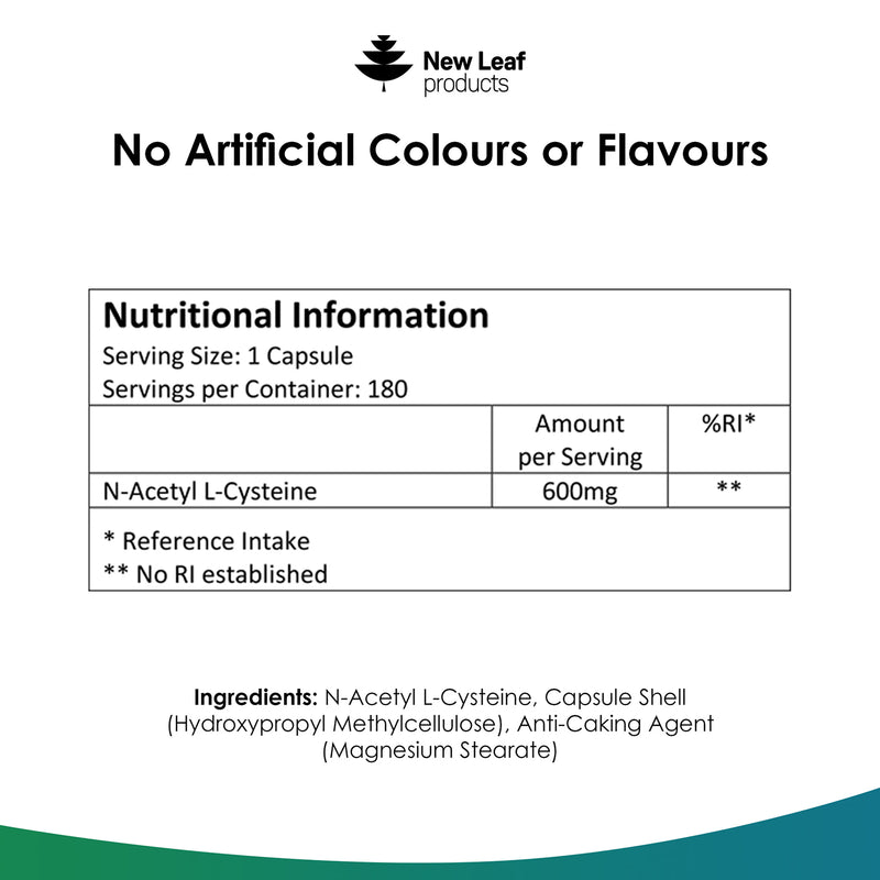 New Leaf Products NAC N-Acetyl-Cysteine capsules 600mg 180 capsules (British brand)