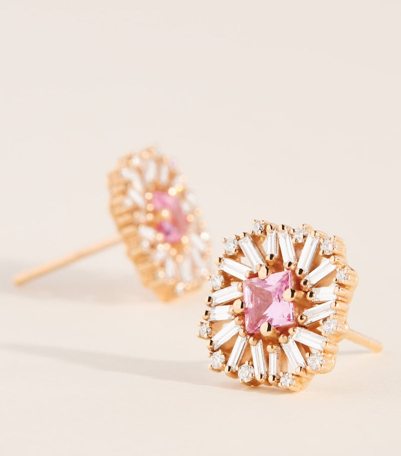 Suzanne Kalan rose gold flower stud earrings with pink sapphire and diamonds, UK version