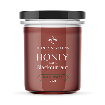 Holland & Barrett Honey & Greens British Honey with Blackcurrant 240g Spread- Buy online at McGrocer