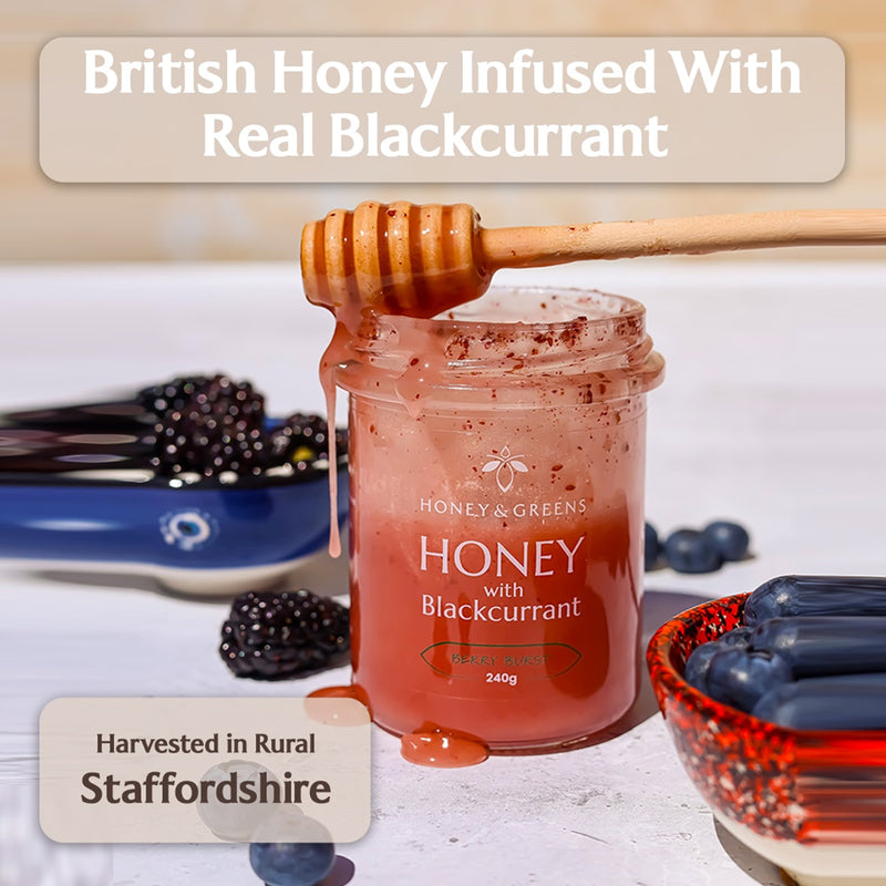 Honey & Greens honey with blackcurrants 240g, UK version