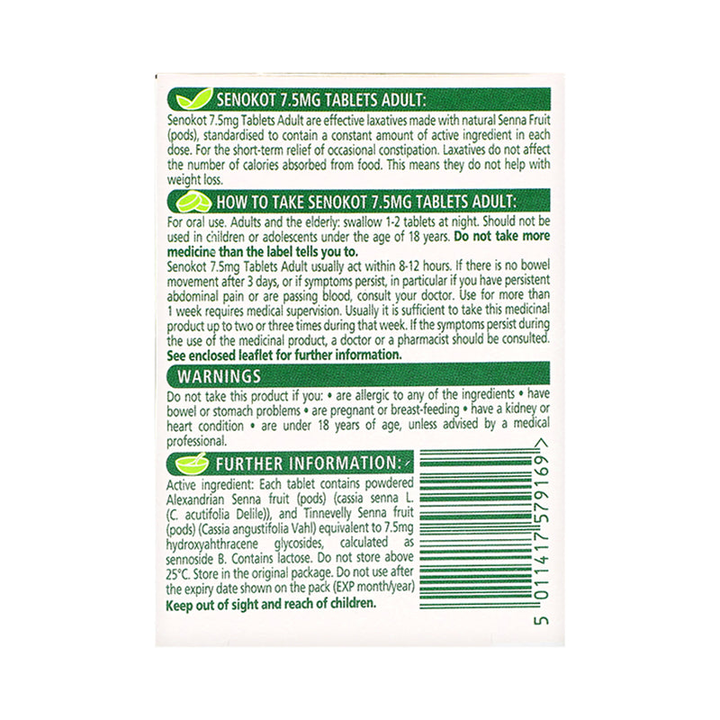 Senokot 20 tablets laxative 7.5mg, UK version