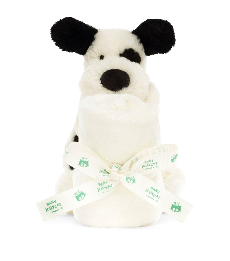 Jellycat Bashful Black and Cream plush puppy with blanket, 34cm, UK version