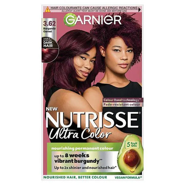 Garnier Nutrisse Ultra Colour burgundy hair dye, imported from the UK