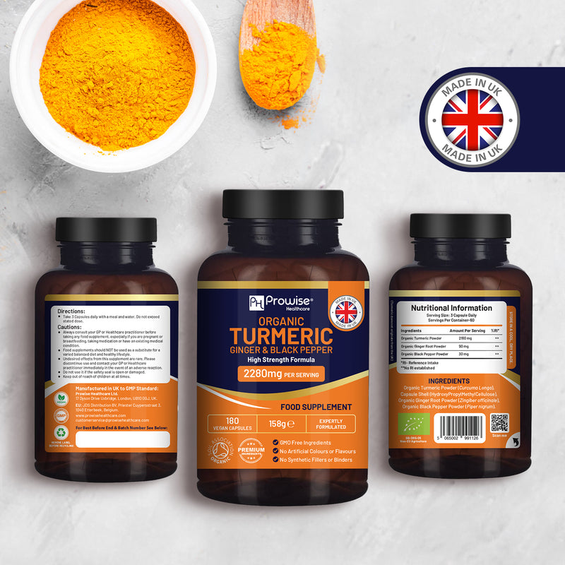 Prowise Healthcare organic turmeric 2280mg capsules, imported from the UK