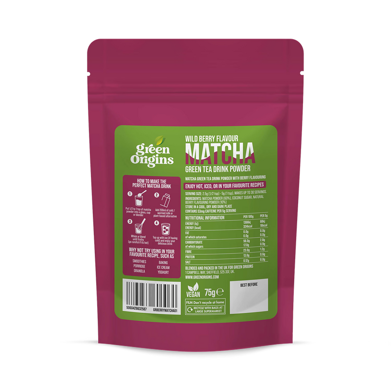 Green Origins Wild Berry Matcha powder 75g, UK version