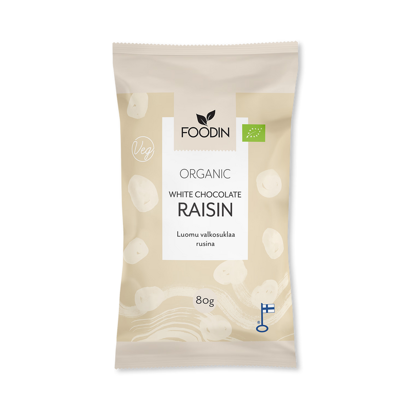 White Chocolate Raisins organic 8x80g pack, imported from the UK