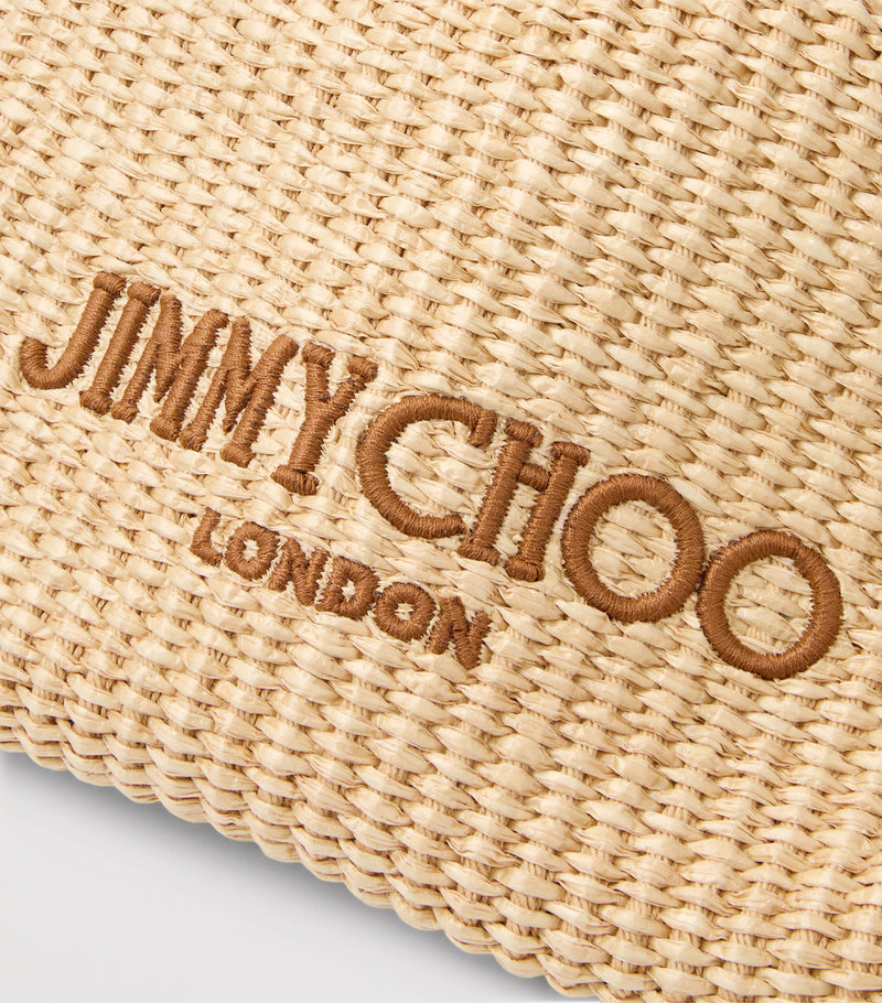 Jimmy Choo raffia drawstring pouch with leather trim, UK version