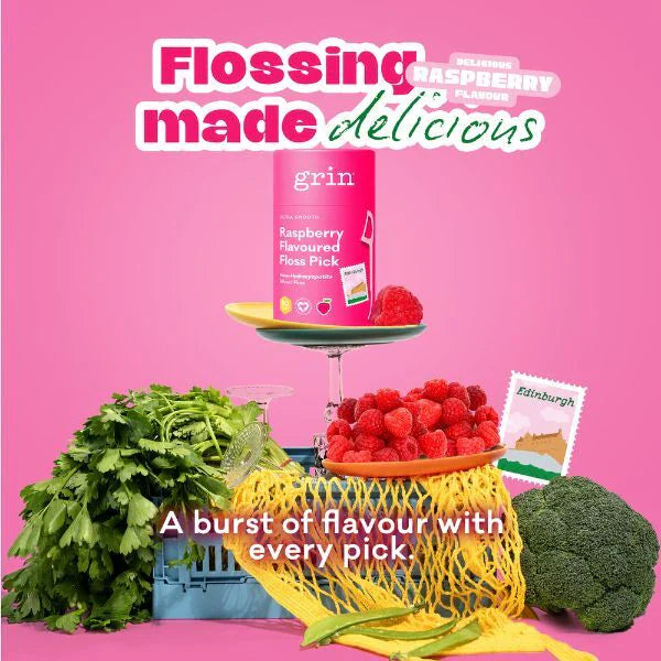 Grin floss picks Raspberry 80pk Canister, UK version