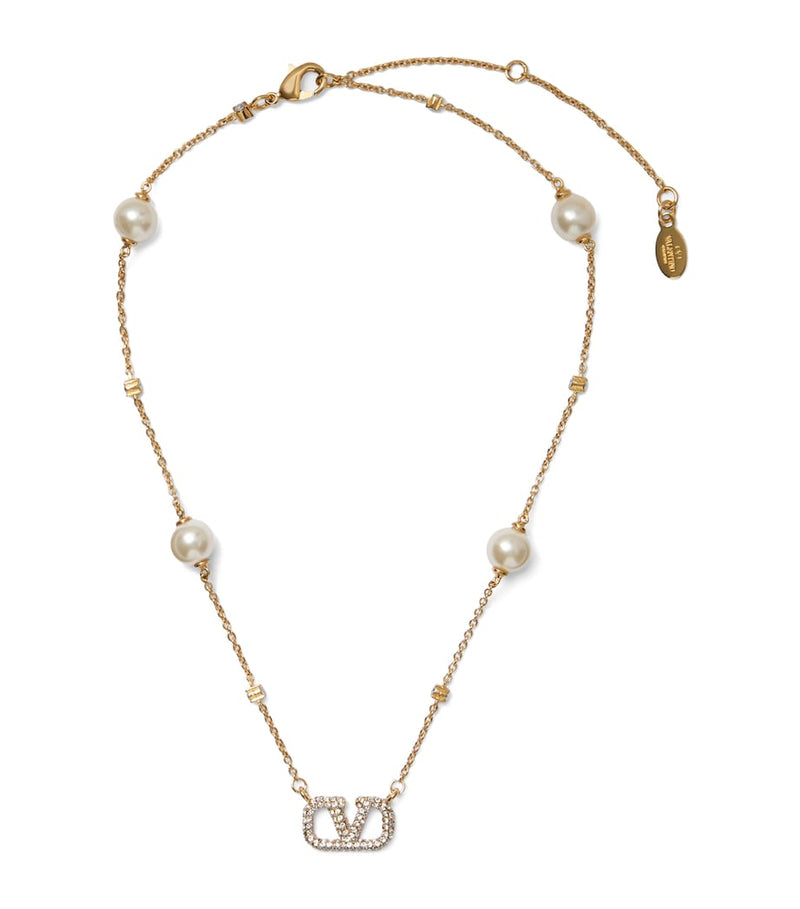 Valentino Garavani crystal and faux pearl VLogo necklace, imported from the UK