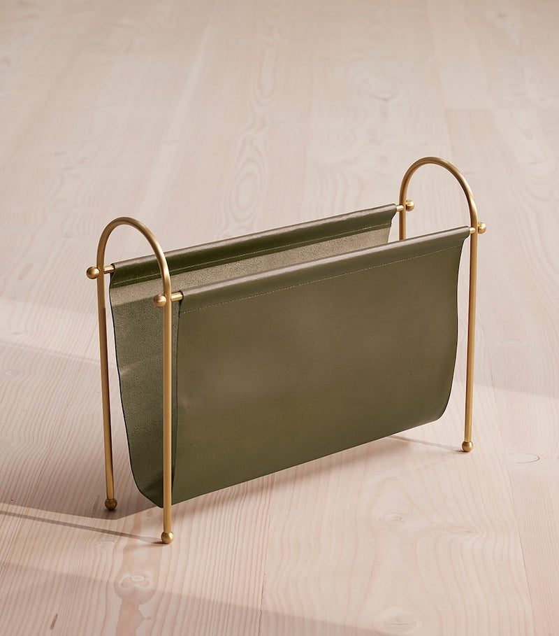 Soho Home leather magazine rack, imported from the UK
