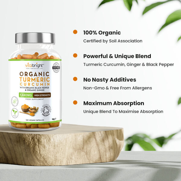 VitaBright organic turmeric capsules 1440mg, imported from the UK