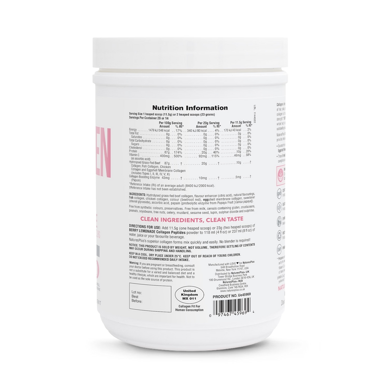 NaturesPlus Collagen Peptides Powder Berry Lemonade 322G, imported from the UK