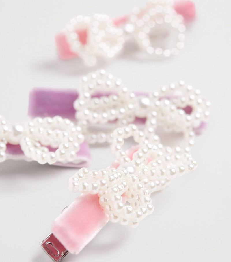 Self-Portrait Kids velvet pearl bow hair clips, set of 4 (British brand)