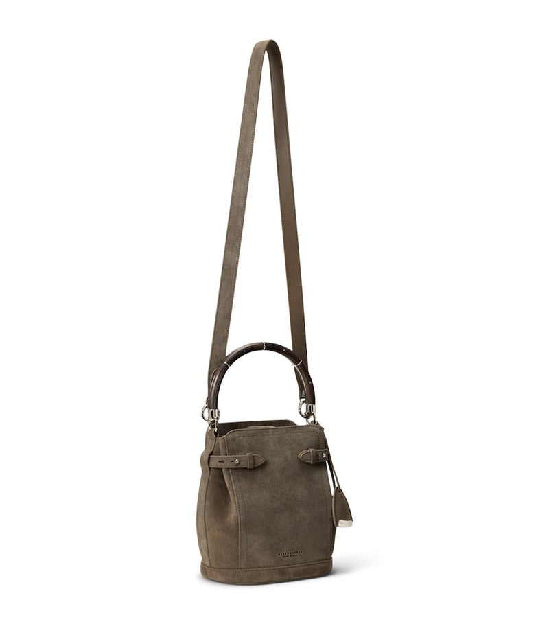 Ralph Lauren suede bucket bag with burl-wood handle, imported from the UK