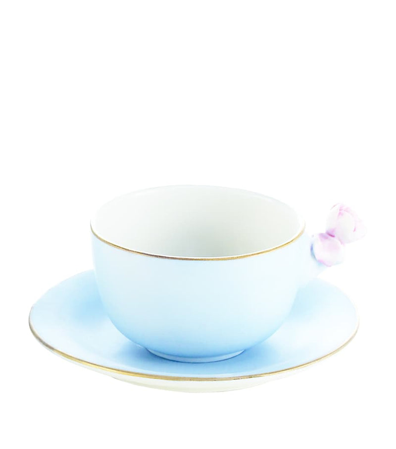 VILLARI cappuccino cup and saucer with gold rim and rose handle, UK version