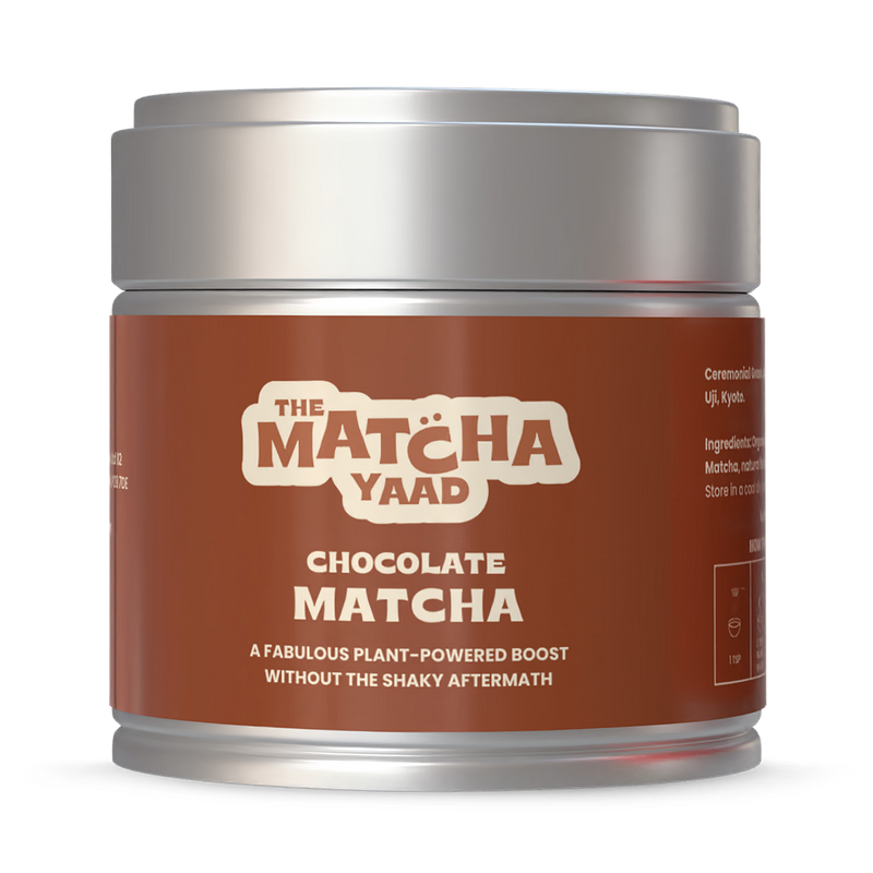 The Matcha Yaad chocolate matcha blend 25g tin, imported from the UK