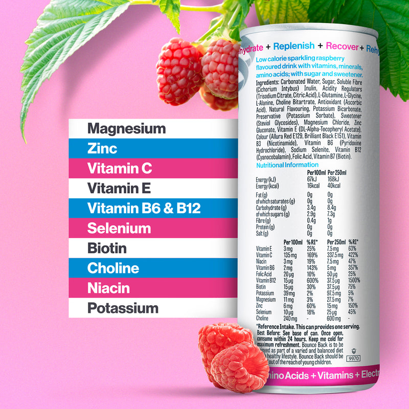 Bounce Back Raspberry recovery drink 250ml case of 12, imported from the UK
