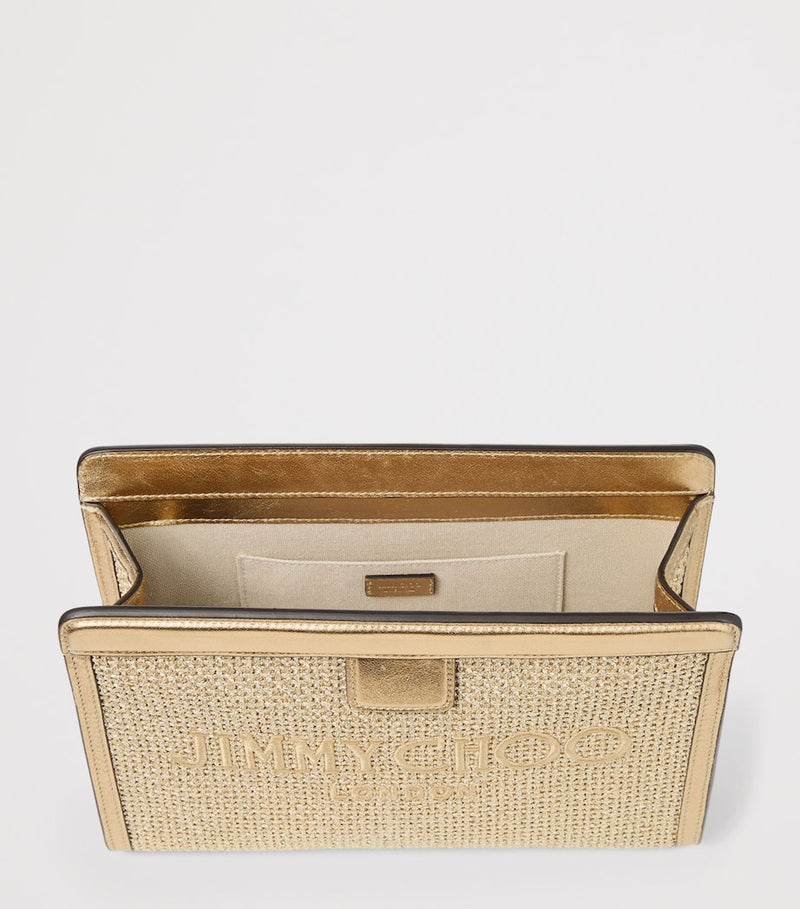 Jimmy Choo raffia leather-trim Avenue pouch, UK version