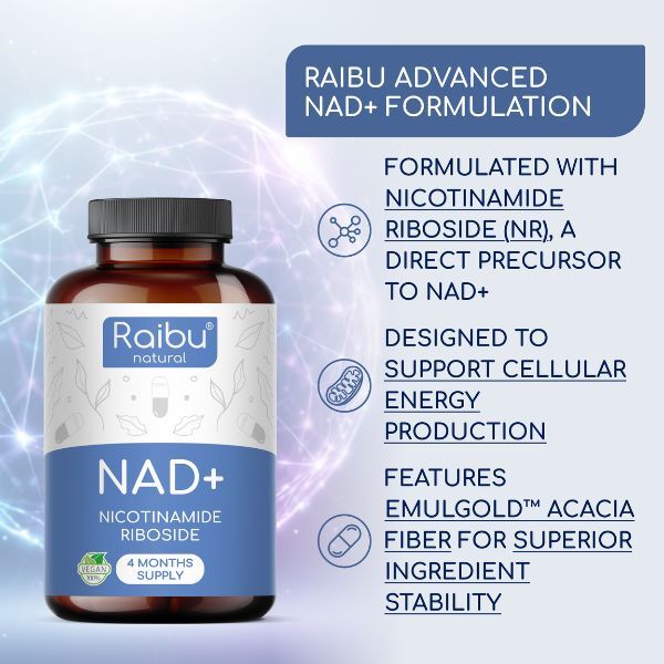 RAIBU NAD+ supplement 300mg 120 capsules, imported from the UK