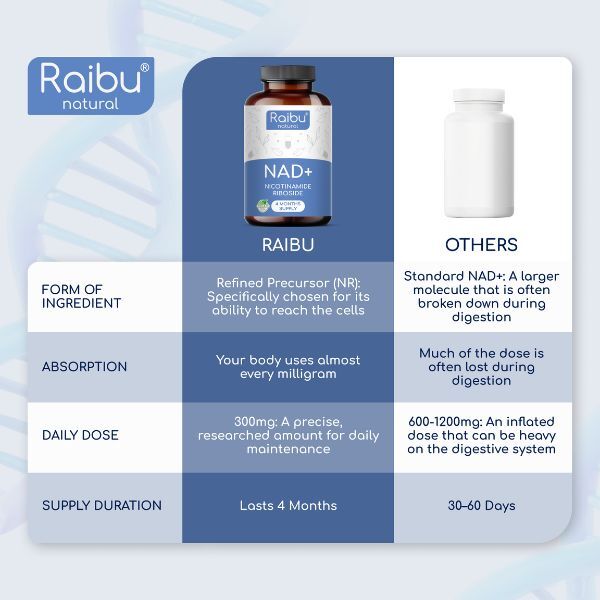RAIBU NAD+ supplement 300mg 120 capsules, imported from the UK