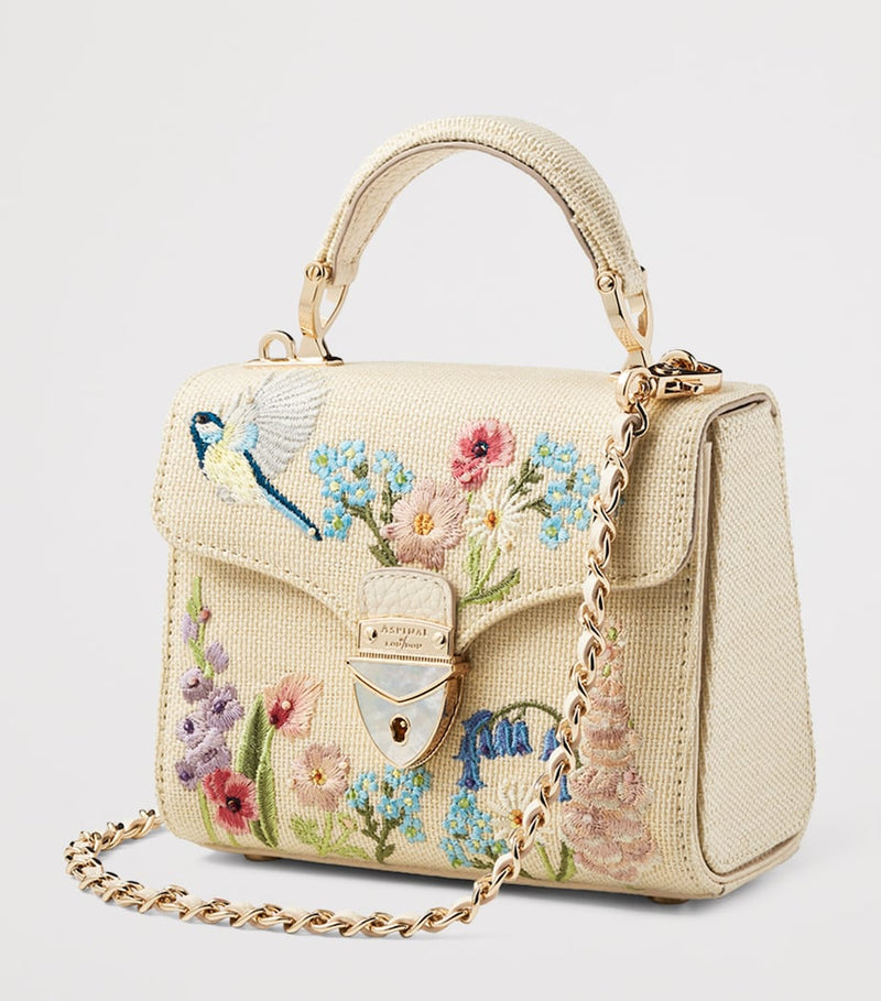 Aspinal Of London mini raffia floral embroidery Mayfair bag, imported from the UK