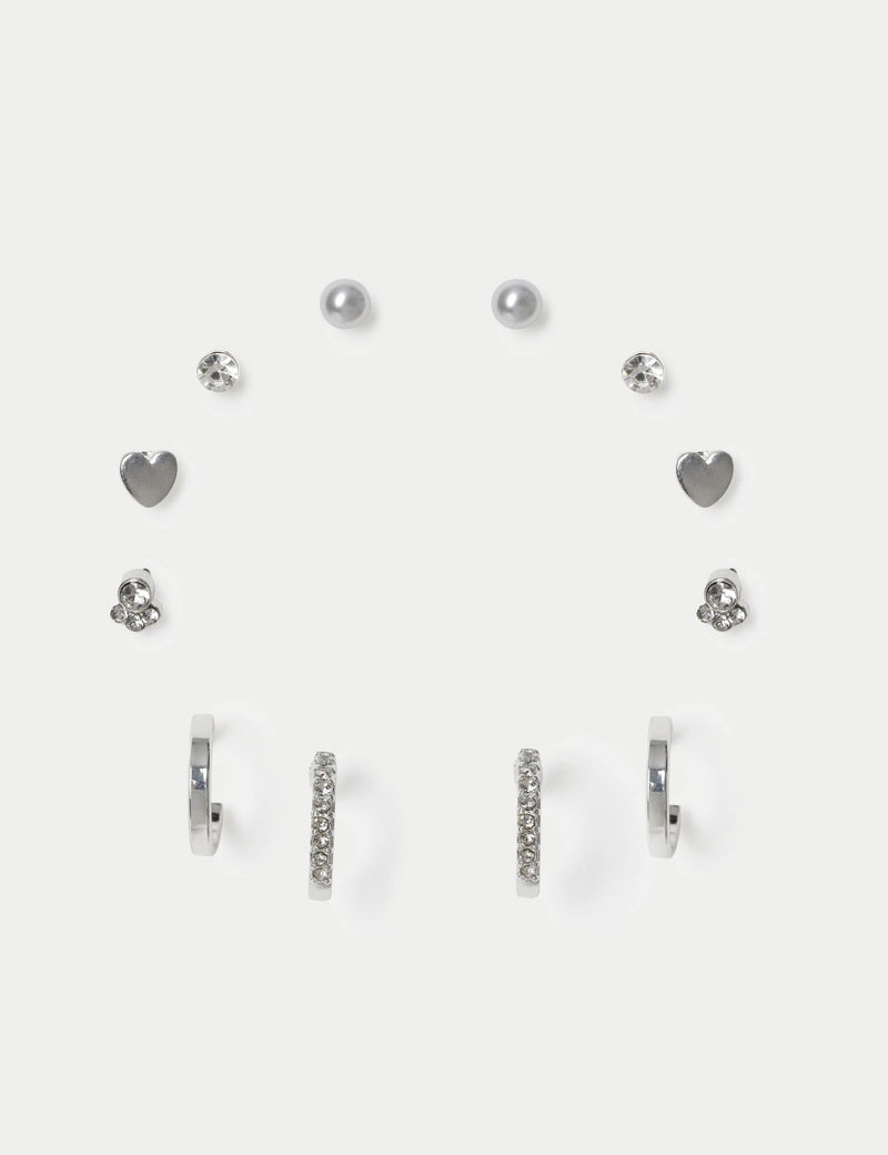 Mixed material stud and hoop earring set 6 pack - (British brand)