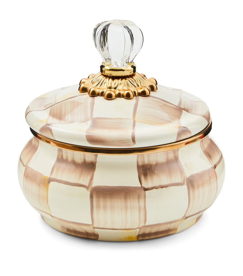 MacKenzie-Childs Mocha Check lidded storage pot with glass topper 590ml, imported from the UK