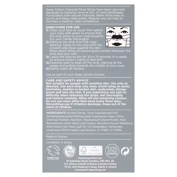 Deep Action charcoal nose pore strips for blackheads - British product
