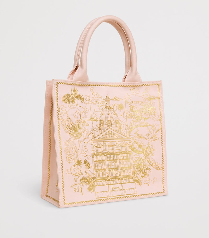Harrods small gold building shopper bag in cotton canvas, UK version