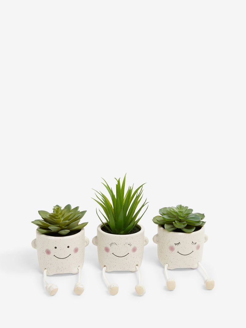 Set of 3 green artificial dangly succulents in character pots (British brand)