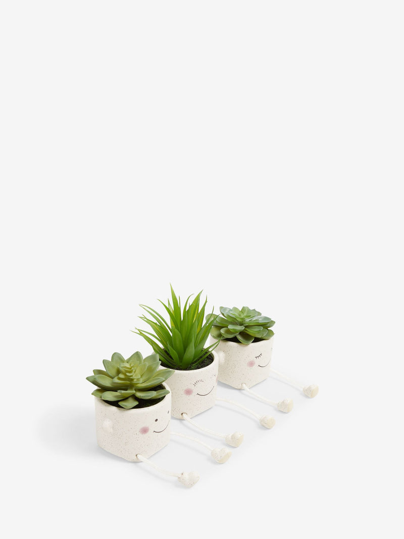 Set of 3 green artificial dangly succulents in character pots (British brand)