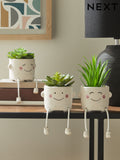 Set of 3 green artificial dangly succulents in character pots (British brand)